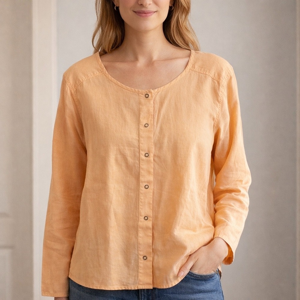 J. Jill Linen Shirt Blouse Medium Peach Snap Font Coastal Lagenlook
Minimalist